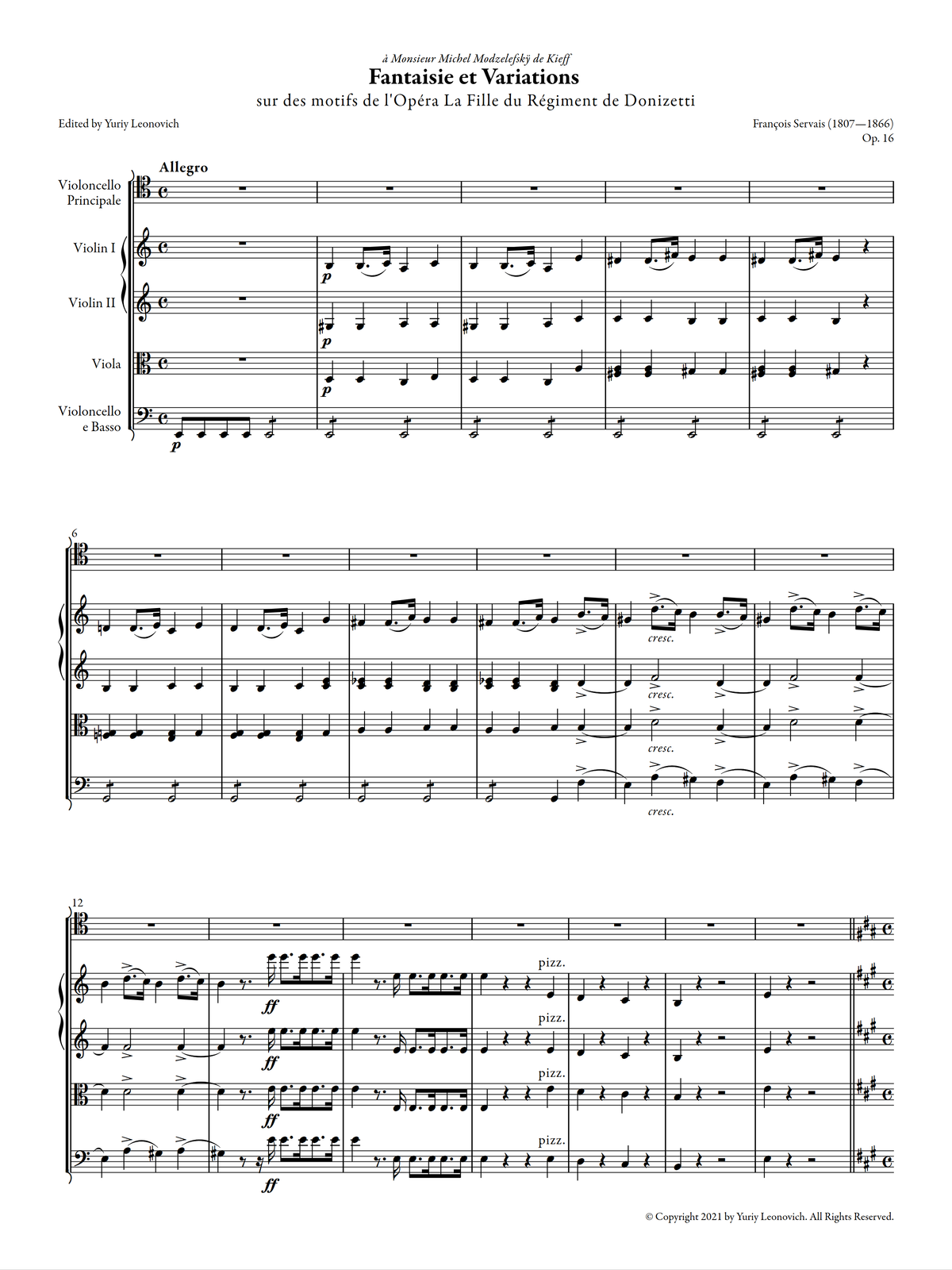 Servais - Fantaisie et Variations sur des motifs de l'Opéra la Fille du Régiment de Donizetti, Op. 16 (Urtext Edition, Quintet Version)