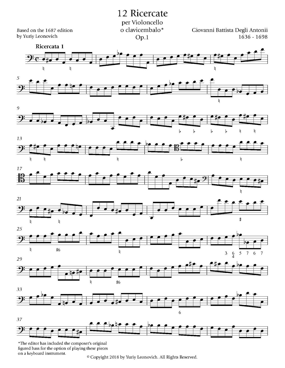 degli Antonii - 12 Ricercate for Cello Solo, Op. 1 (Urtext Edition)
