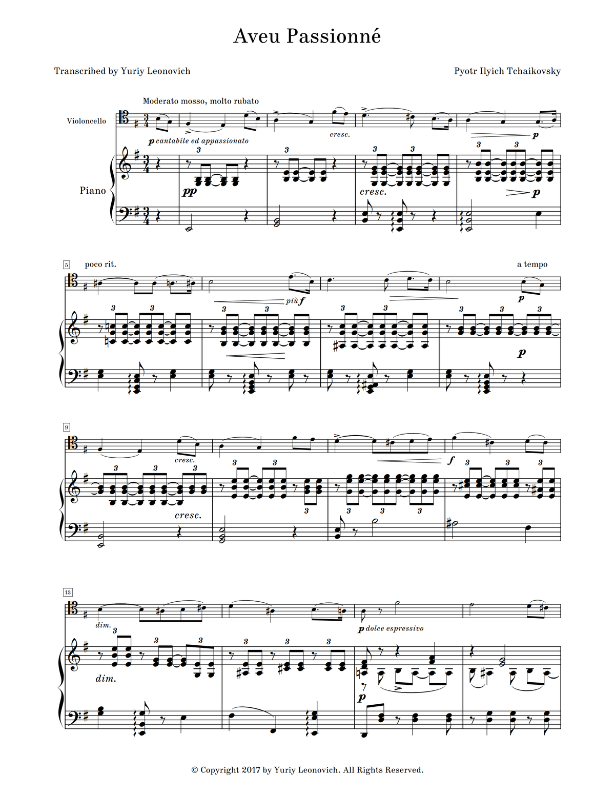Tchaikovsky - Aveu Passionne (Transcribed for Cello and Piano)
