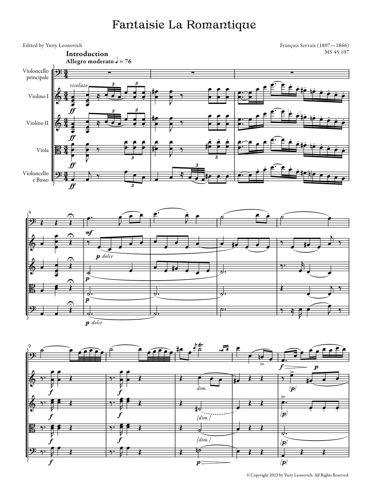 Servais - Fantaisie La Romantique (Urtext Edition, Quintet Version)