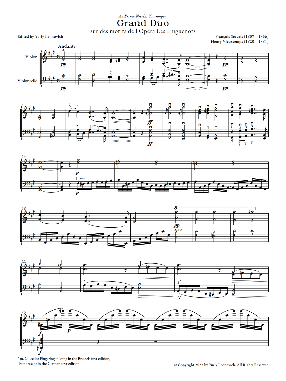 Servais and Vieuxtemps - Grand Duo sur des motifs de l'Opéra Les Huguenots for violin and cello (Urtext Edition)
