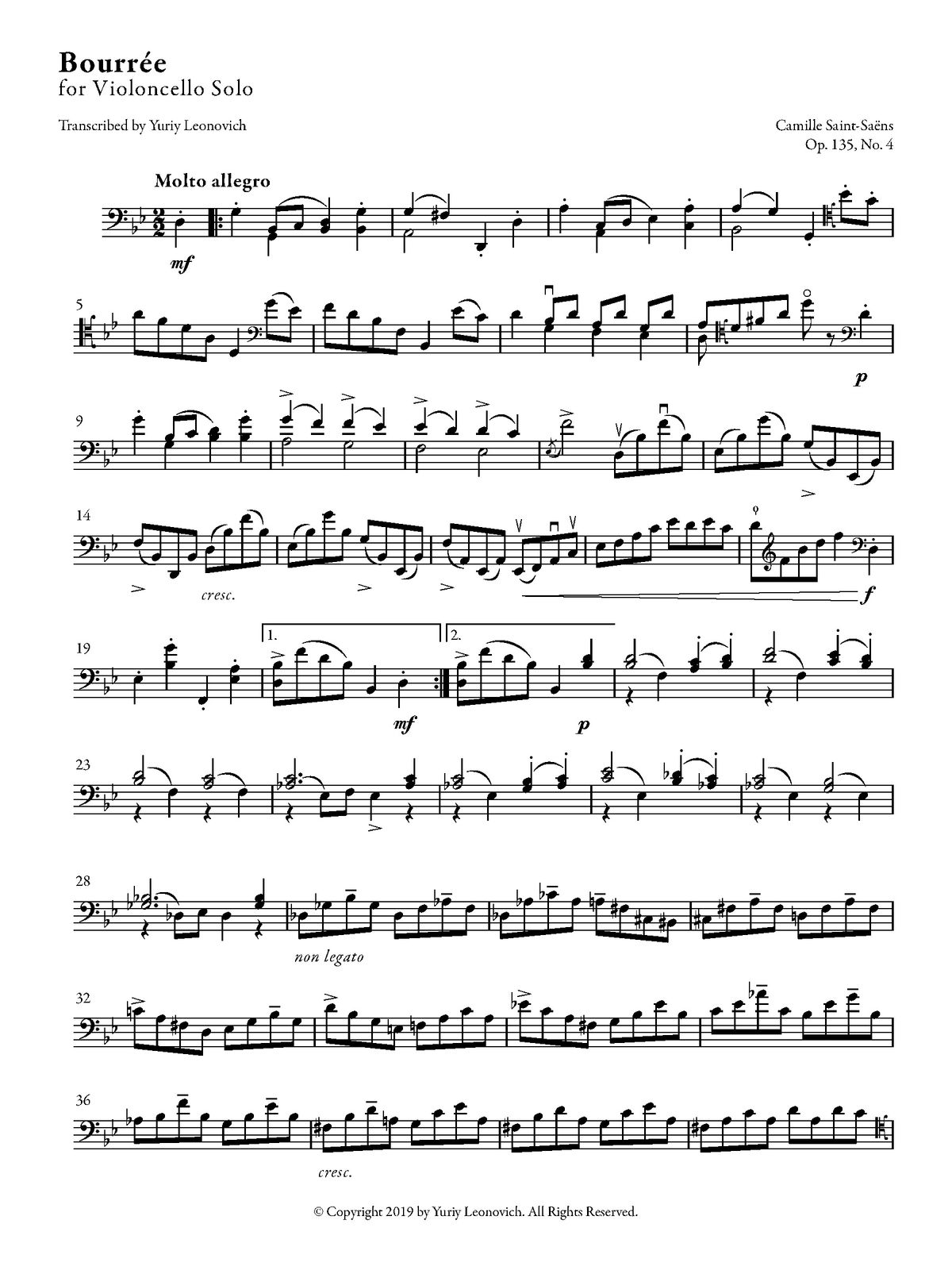 Saint-Saëns - Bourrée, Op. 135, No. 4 (Transcribed for Cello Solo)