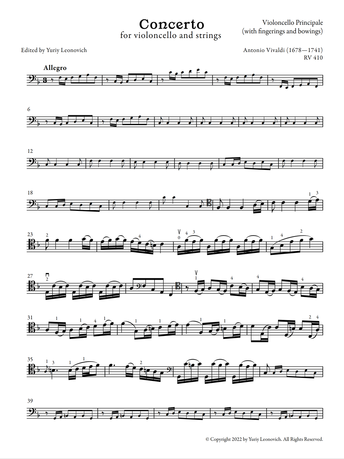 Vivaldi - Cello Concerto in F major, RV 410 (Urtext Edition, Piano)