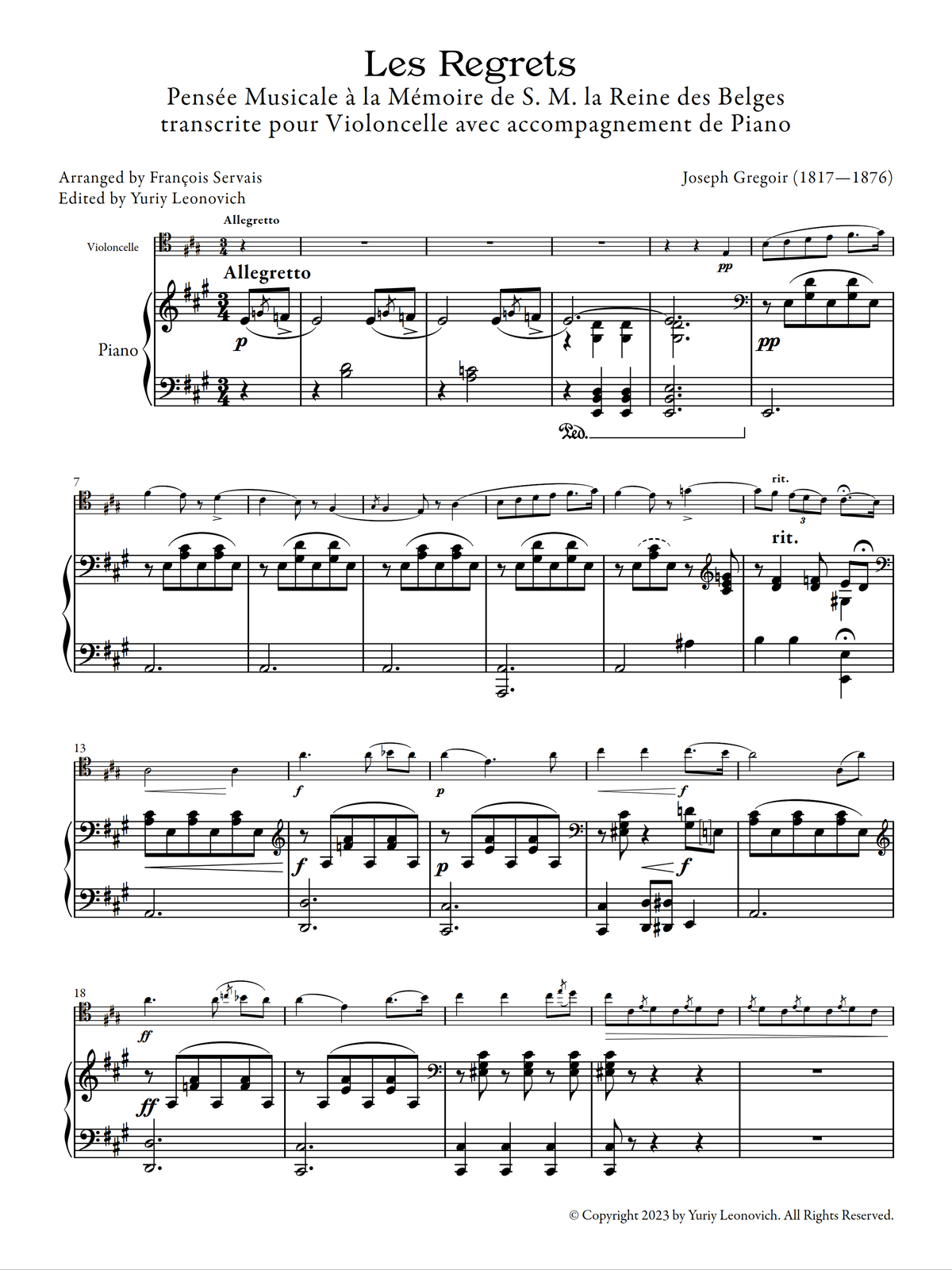 Gregoir-Servais - Les Regrets (Transcribed for Cello and Piano