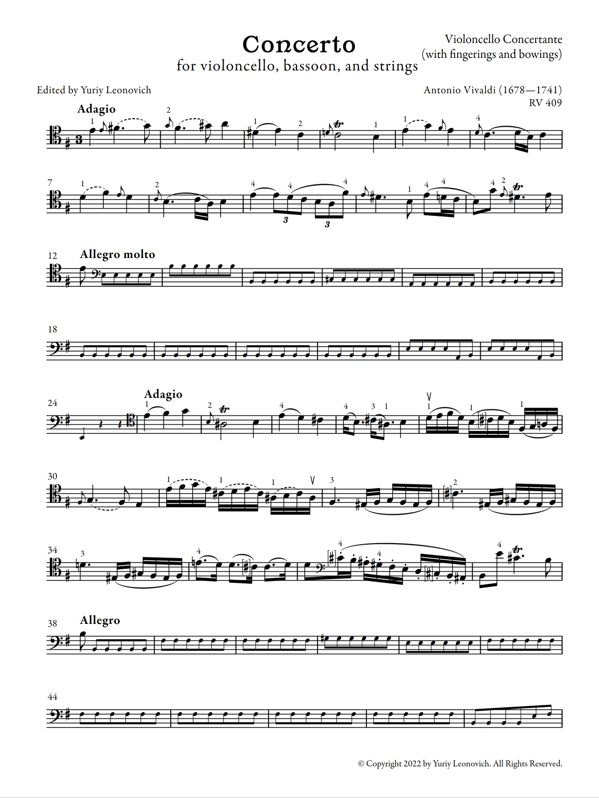 Vivaldi - Cello Concerto in E minor, RV 409 (Urtext Edition, Piano)