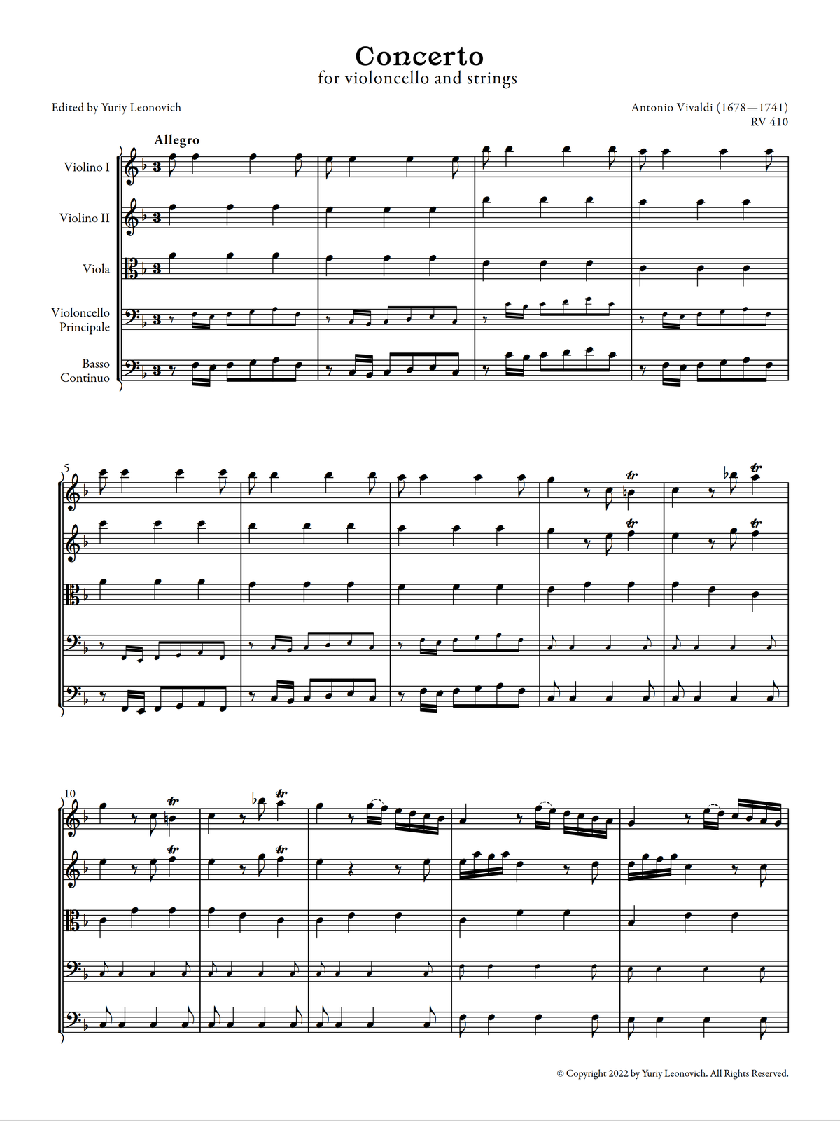Vivaldi - Cello Concerto in F major, RV 410 (Urtext Edition)