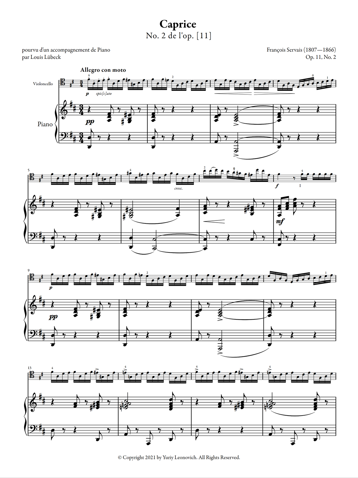 Servais - Caprice No. 2, Op. 11 for Cello and Piano (Transcribed by Louis Lubeck)