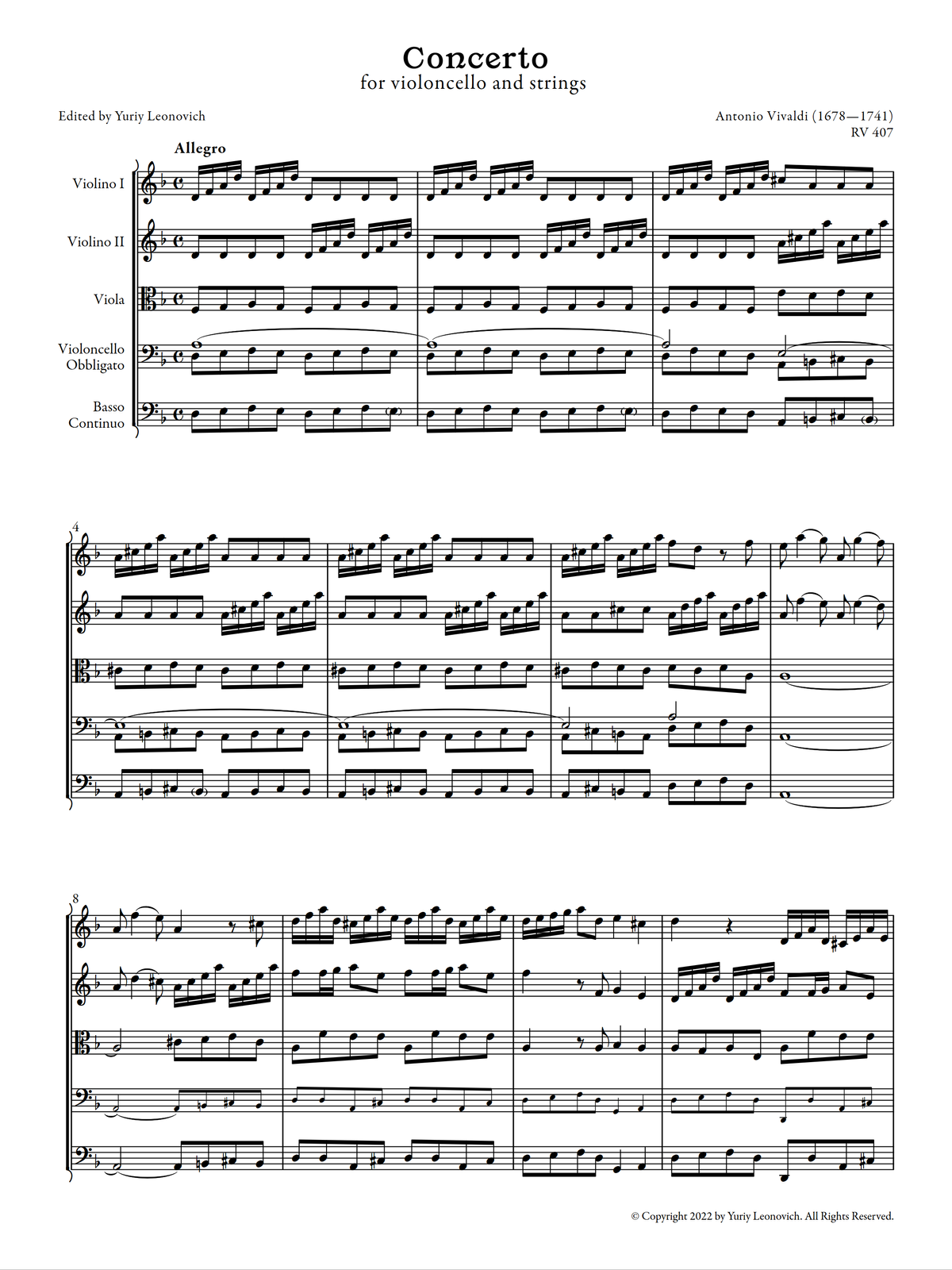 Vivaldi - Cello Concerto in D minor, RV 407 (Urtext Edition)