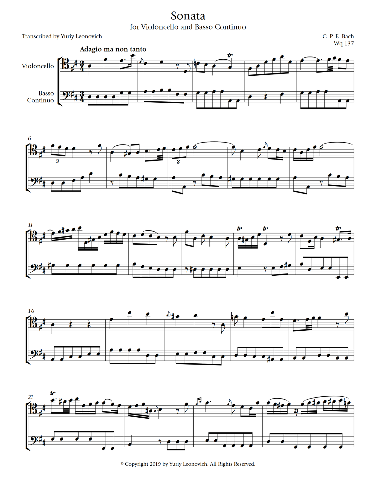 C.P.E. Bach - Gamba Sonata in D major (Transcribed for Cello Duet)