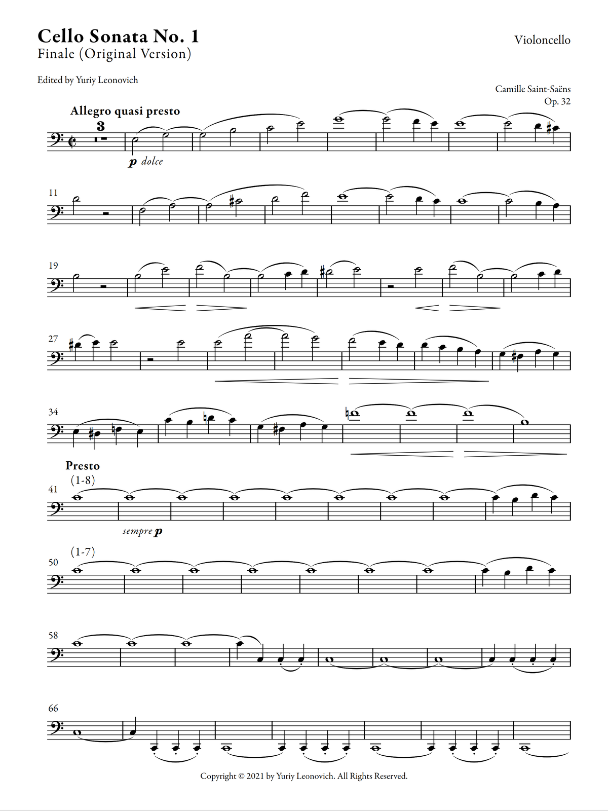 Saint Saens - Finale from Cello Sonata No. 1 (Original Version) - Urtext/First Edition