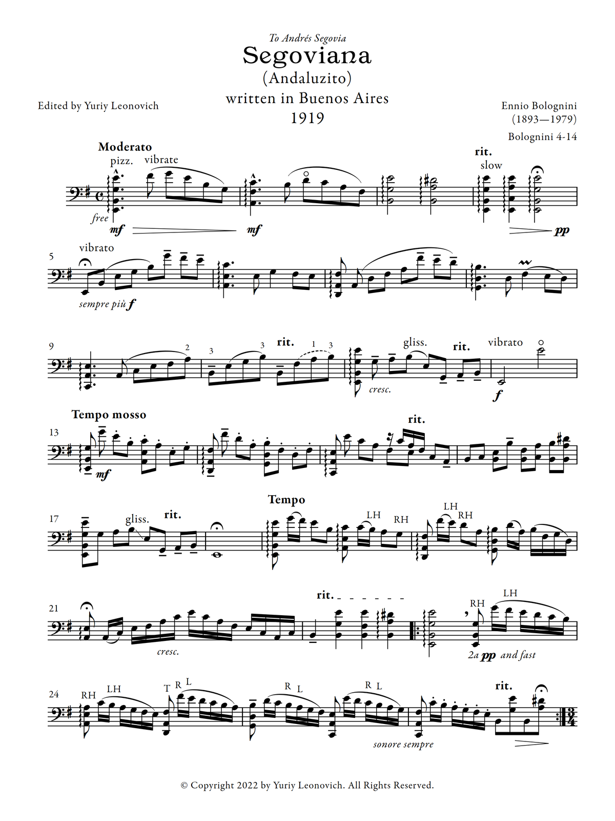 Bolognini - 5 Pieces for Solo Cello (First Edition)