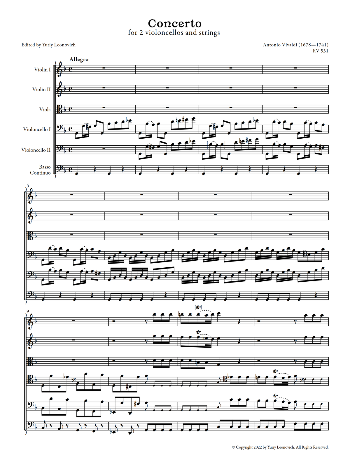 Vivaldi - Concerto for 2 Cellos in G minor, RV 531 (Urtext Edition)