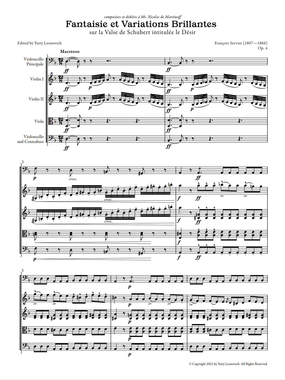 Servais - Fantaisie et Variations brillantes sur la Valse de Schubert intitulée le Désir, Op. 4 (Urtext Edition, Quintet Version)