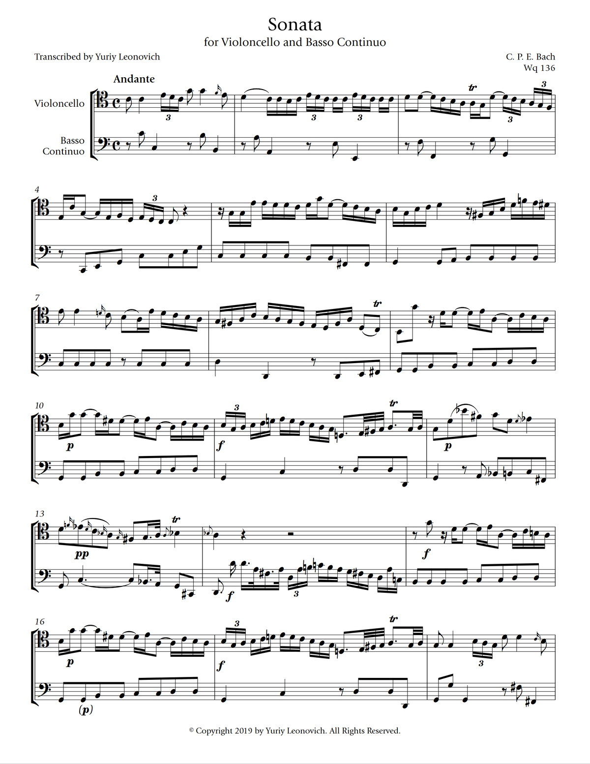 C.P.E. Bach - Gamba Sonata in C major (Transcribed for Cello Duet)