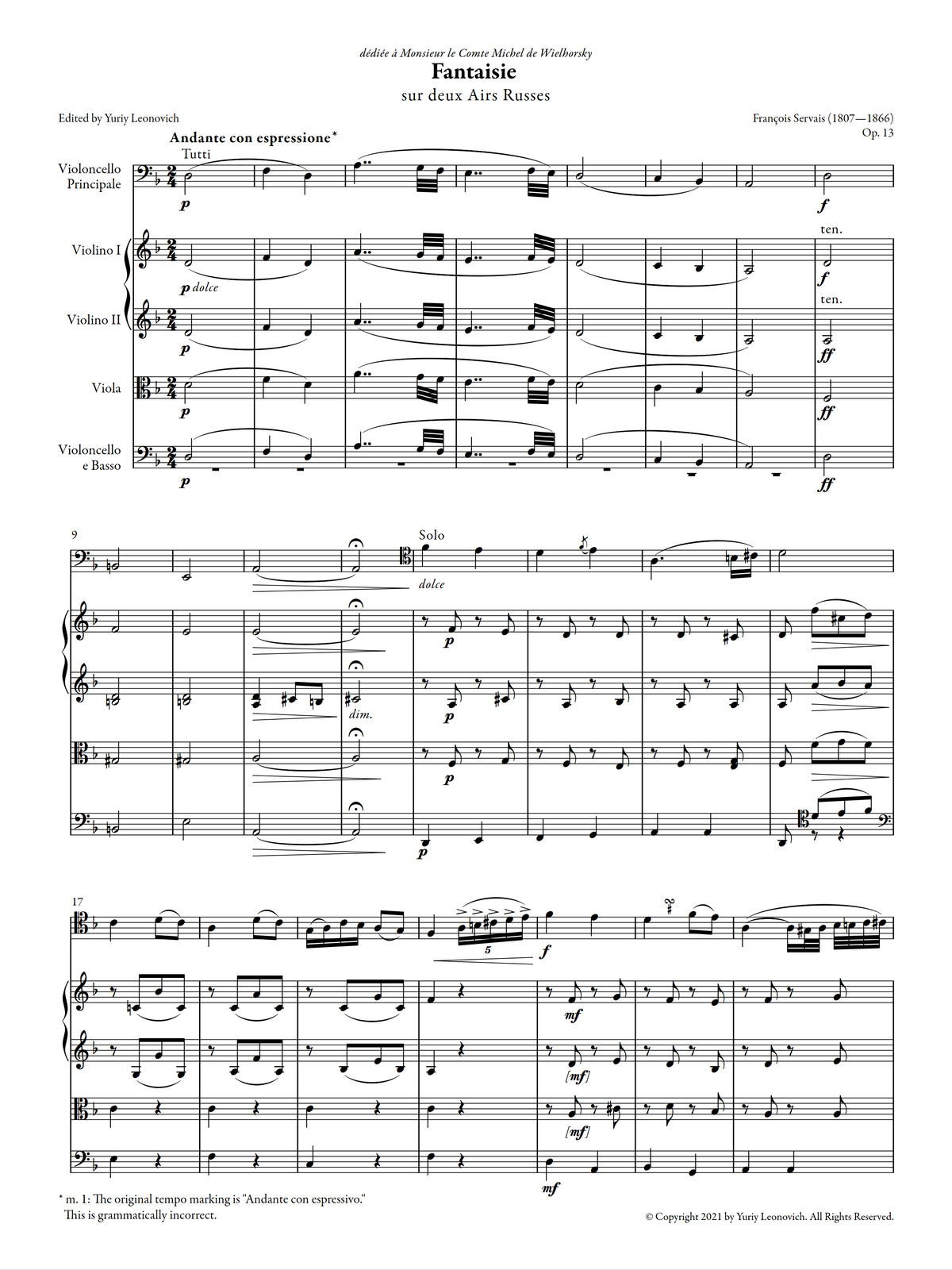 Servais - Fantaisie sur deux Airs Russes, Op. 13 (Urtext Edition, Quintet Version)