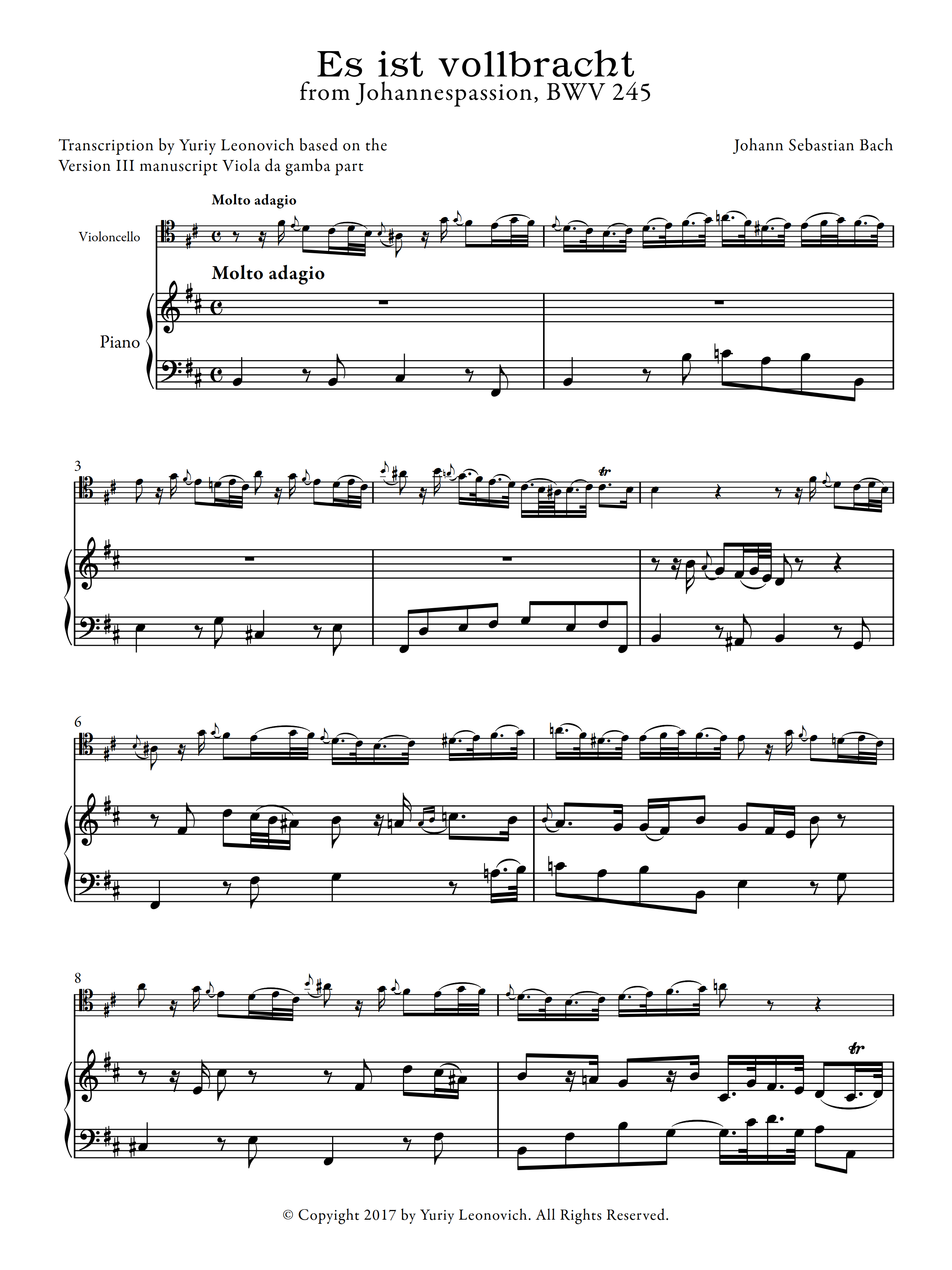 J. S. Bach - Es ist vollbracht from St. John Passion (Transcribed