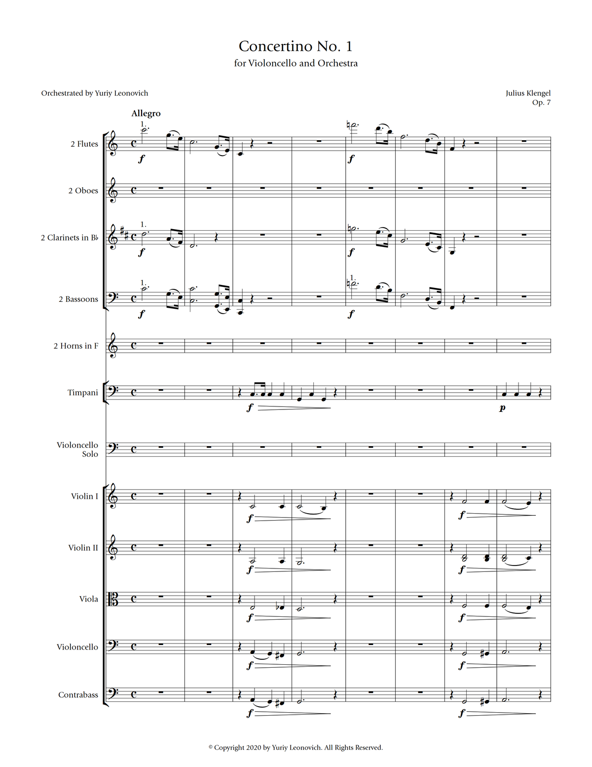 Klengel - Concertino No. 1 for Cello and Orchestra (Orchestrated by Yuriy Leonovich) - Orchestra Score