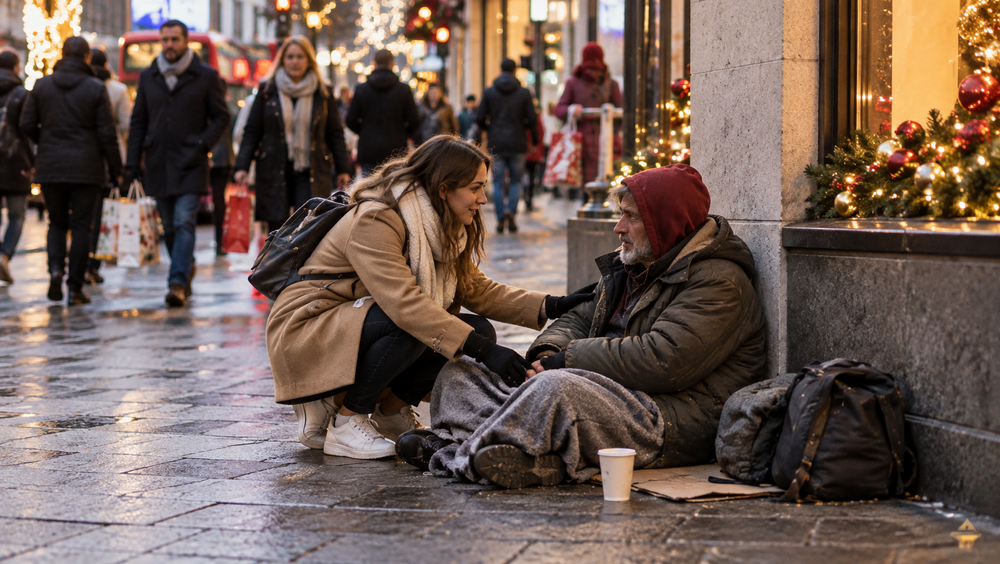 Illustration from the film: a woman pauses to offer kindness to a man seated on a busy Christmas shopping street.