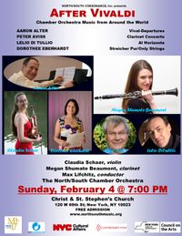 Aaron Alter's Vival-departures (inspired by the music of Antonio Vivaldi) for String Orchestra will have its U.S. Premiere in New York by the North/South Chamber Orchestra