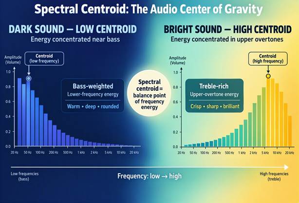 Spectral centroid infographic comparing dark sound with low-frequency energy and a low centroid against bright sound with upper-overtone energy and a high centroid.
