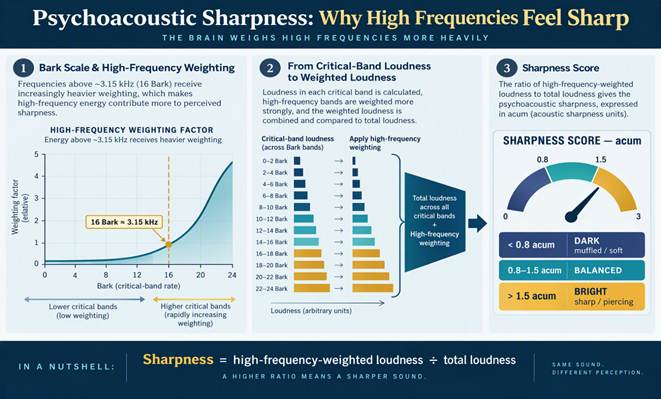 Infographic explaining psychoacoustic sharpness using the Bark scale, increased weighting above 16 Bark or about 3.15 kilohertz, critical-band loudness, and sharpness score ranges in acum.