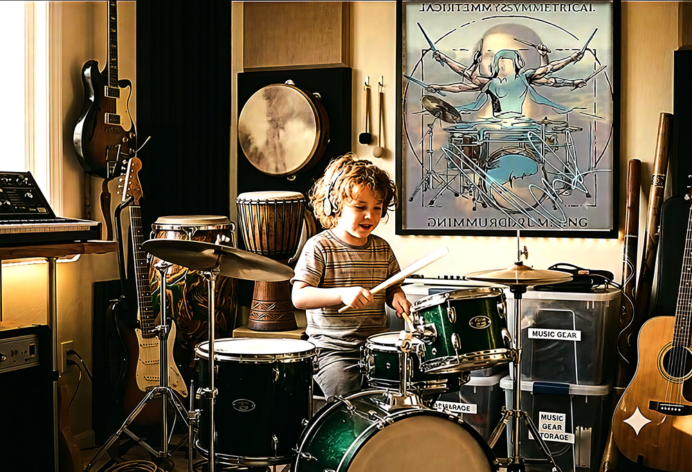 Child student at symmetrical drumming australiaplaying a drum kit during a music lesson in Canberra at Symmetrical Drumming Australia, surrounded by custom percussion and studio artwork.