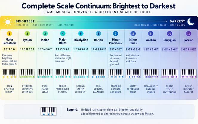 Infographic showing the complete scale continuum from Major Pentatonic as brightest through Lydian, Ionian, Major Blues, Mixolydian, Dorian, Minor Pentatonic, Minor Blues, Aeolian, Phrygian, and Locrian as darkest.