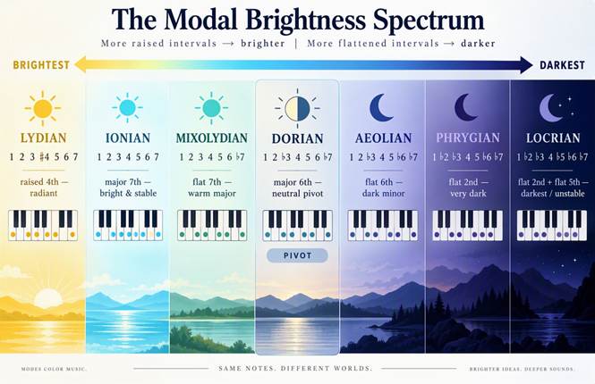 Infographic showing the modal brightness spectrum from Lydian as brightest through Ionian, Mixolydian, Dorian, Aeolian, Phrygian, and Locrian as darkest, with scale degrees and characteristic intervals.