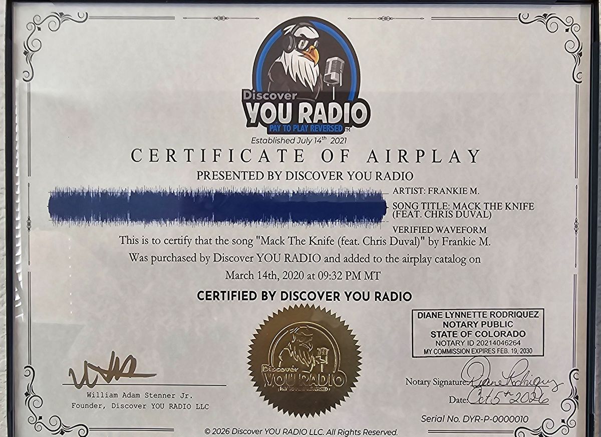 Certificate of Airplay (Physical Copy)