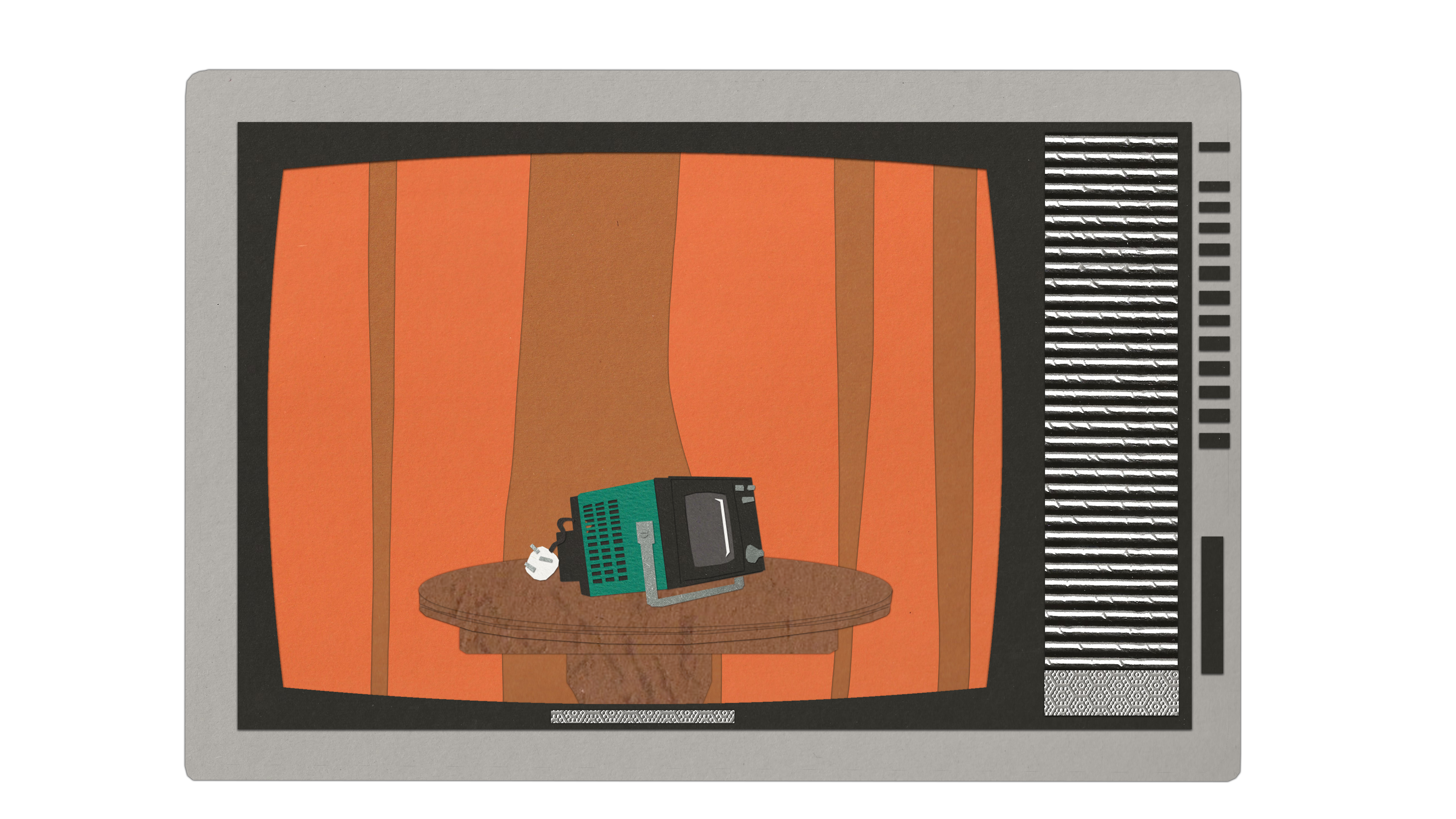 A TV showing visuals from the album 
