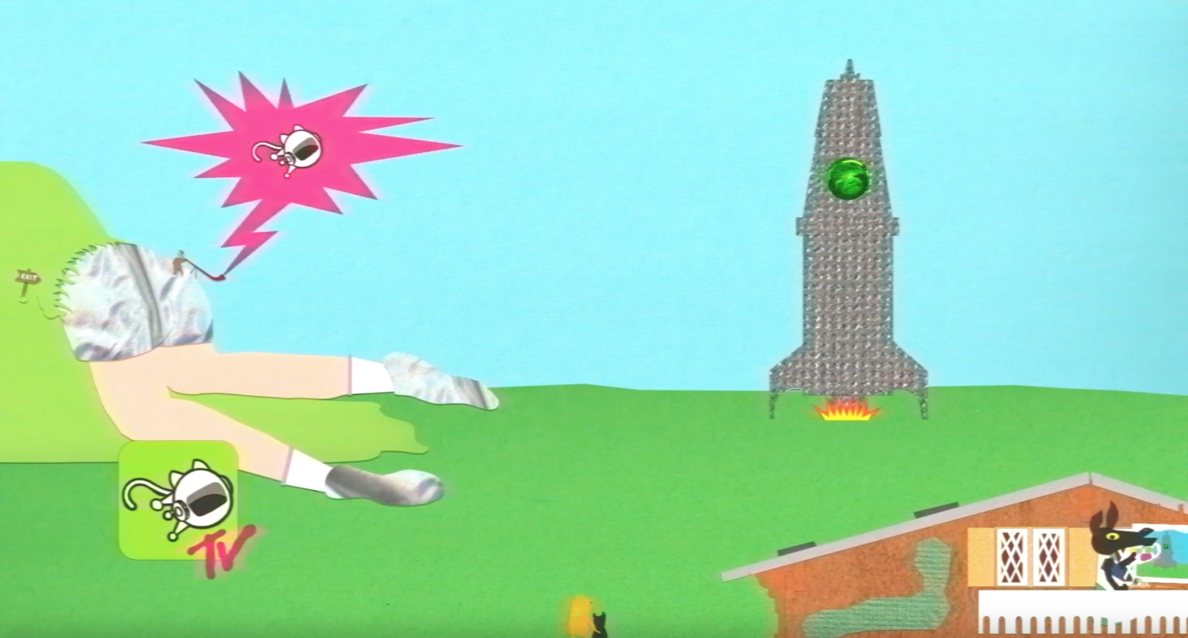 A scene from the launch video of The Indie Beat TV, featuring familiar objects and characters as part of a rocket launch made from paper.