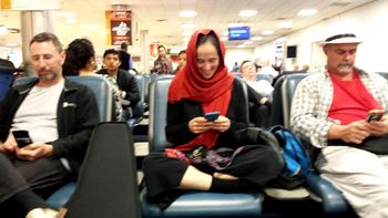 Airport travel from Bahamas Dave Blessum, Holly Haebig, Michael Kashou (thanks for the pic, Tim Maher!) at the airport on layover returning from our kirtan program at the Sivananda Ashram in the Bahamas.
