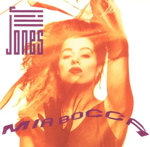 Front cover of the 'Mia Bocca' single by Jill Jones, featuring a stylized portrait of Jill with 80s avant-garde styling.