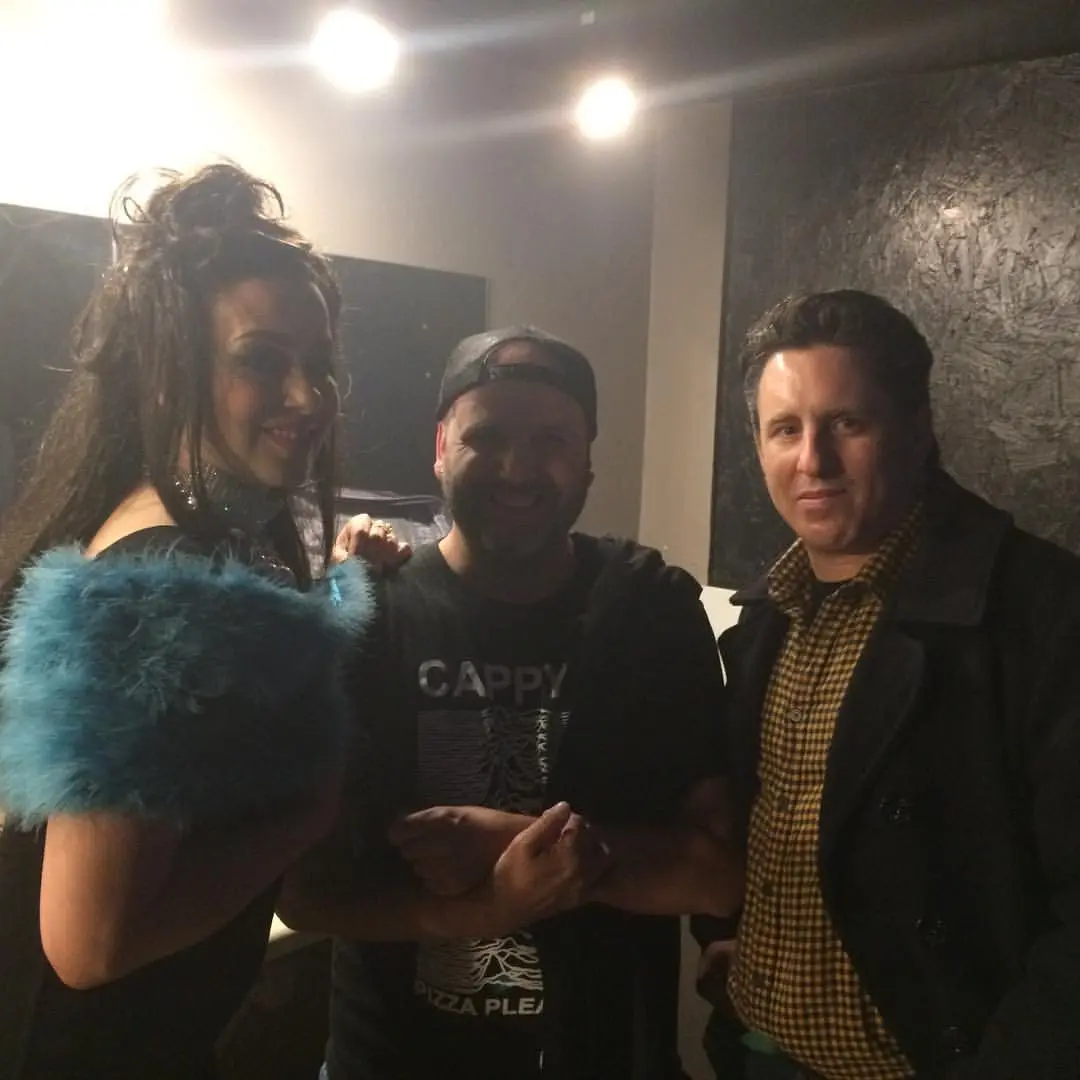 Jill Jones, Jeremy Gloff, and JJ Vicars in the dressing room at the Interbelt nightclub in Akron, Ohio, during Jill's 2017 appearance.