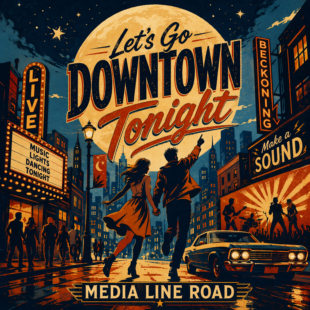 “Media Line Road promotional artwork for the song ‘Let’s Go Downtown Tonight,’ featuring a vibrant retro downtown scene with music and nightlife signs.