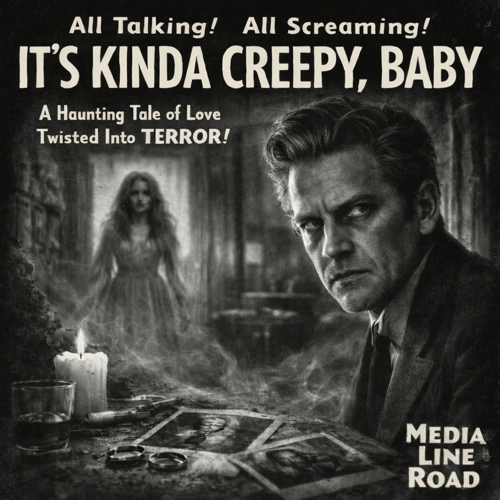 Media Line Road promotional artwork for the song ‘It’s Kinda Creepy, Baby,’ designed in the style of a classic horror movie poster.