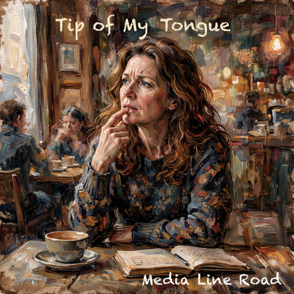 Media Line Road promotional artwork for the song ‘Tip of My Tongue,’ showing a thoughtful café moment in painted style.