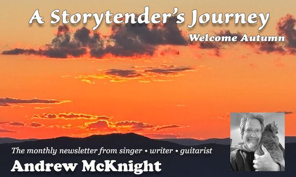 Image of twilight over the Shenandoah Valley, the header graphic for singer, writer, & guitarist Andrew McKnight's November 2025 newsletter, "A Storytender's Journey"
