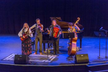 Norwegian Notes Concert, group photo. Fairbanks Summer Arts Festival 2017, Norwegian Notes Concert at Pioneer Park Theater. From left: Ann-Marita, Skogen Sällström (violin), Knut Erik Jensen (accordion), Ryan Bowers (bass).
