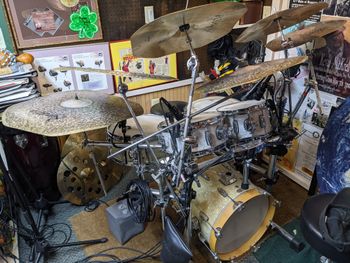 My Billy Blast Custom Mini Drum Set (Keller Maple Shells) with My Complete Set of Amedia Custom Square Stingray Cymbals including their Original 24" Square Stingray Ride to the left in the photo

