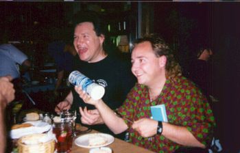 Nothing like an improv jam session where ever you may be.  Even in a restaurant.  Rick Lathem, Me and literally 12 other percussionists are playing.  We got a standing O when we were finished by every
