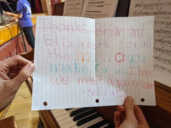 Heartfelt Thank You Card from a 5th grader to Elizabeth Woodbury - Kasius and I for accompanying a dynamic dance program presented and produced by Saratoga Performing Arts Centers Education Program view 2 of 2
