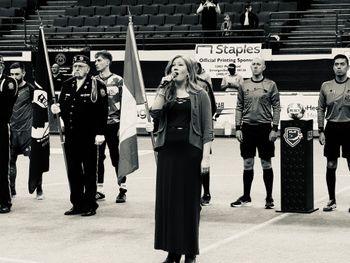 Tara Hawley singing "O Canada" at the Major League Indoor Soccer Finals weekend at the Wolstein Center in Cleveland, Ohio
