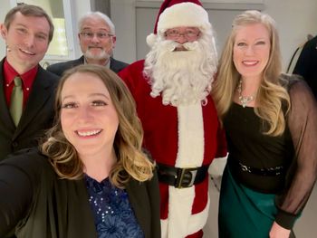 Backstage with the gang: Ellie Kelly, George Morgan, Don Bernardo, Santa, and Tara Hawley

