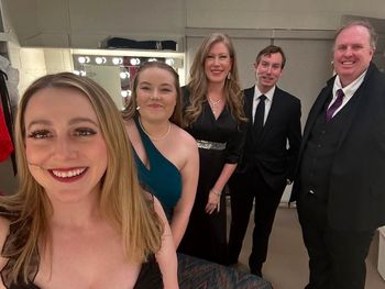 Backstage, having fun and ready to sing: Ellie Kelly, Anna Buescher, Tara Hawley, George Morgan, and Thomas Love
