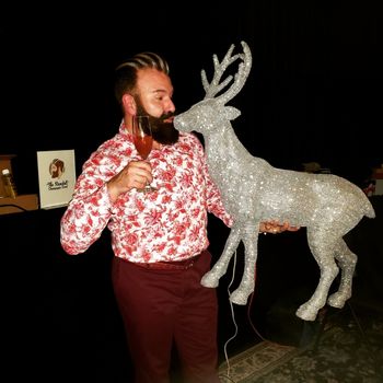 Randall the Rhinestone Reindeer Cocktail, Randall the Rhinestone Reindeer and me at my Jazzy Christmas gig.  A Trifecta of Fabulous!
