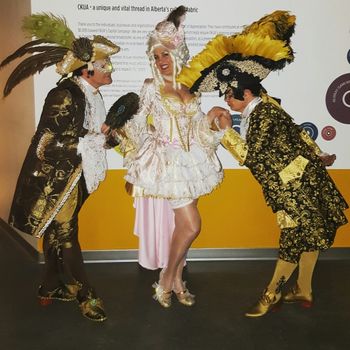 Randall MacDonald (Lord Peacock), Sue Jaksich (Mademoiselle Antoinette) & Darcy Kaser (Duc de D'arcy) at the Violette Underground Party February 13, 2016
