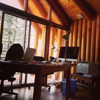 IMG_3004 My Banff Centre cabin, Leighton Colony, 2015 June, special place. Huge wall map of then confusing storylines behind me.

