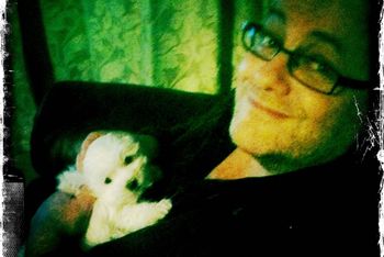 Walt and C Beauty in a furry white ball of fluff
