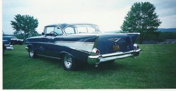 Franks_57_repainted harbor blue updated with tilt wheel, over drive automatic, chrome wheels and still original 283
